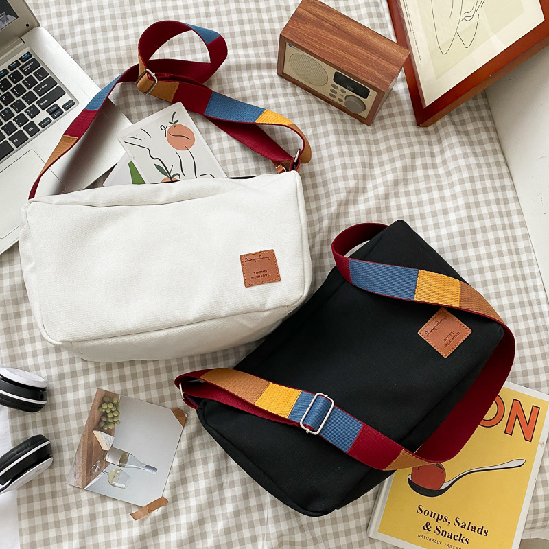 2024 Summer Canvas Women's Shoulder Bag Korean Minimalist Colorful Strap Solid Retro Small Square Bag