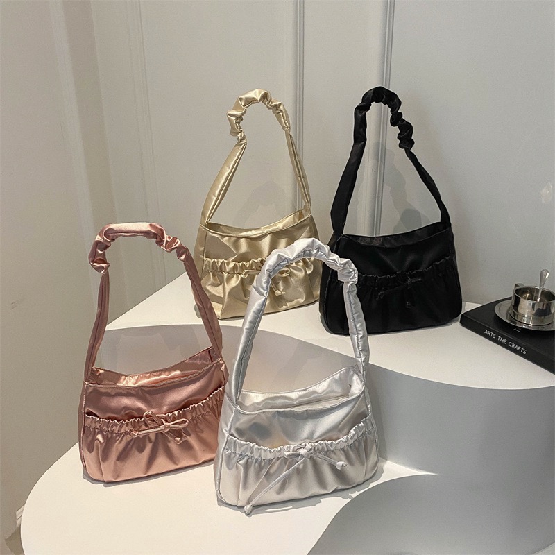 Premium Satin Gloss One-Shoulder Cloud Bag Women 2024 New Nylon Pleated Underarm Bag Versatile Crossbody Bag