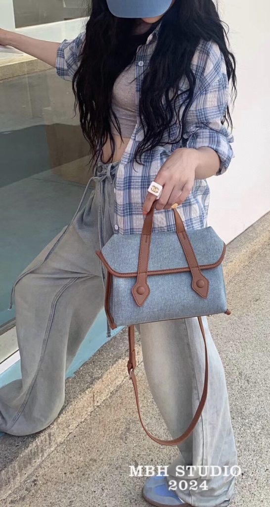 MBH Niche Designer Denim Color-Block Messenger Handbag Crossbody Bag with Shoulder Strap